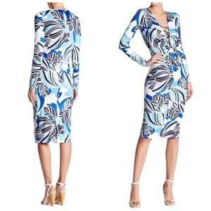 Yumi Kim Fool for Love Blue Retro Bloom Deep V-Neck Long Sleeve Midi Dress Small